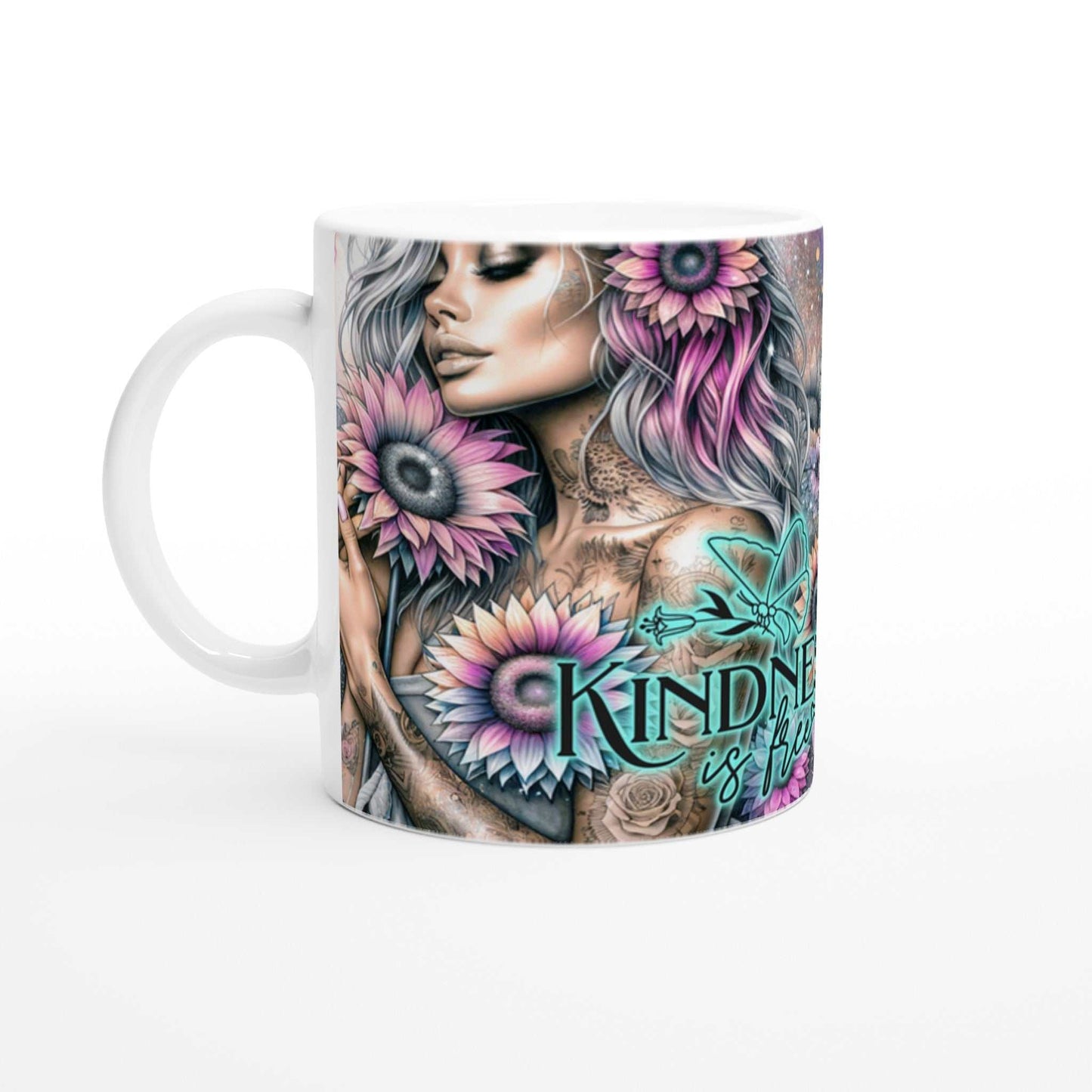 Kindness Is Free Motivational Coffee Mug with vibrant floral design and inspirational message.