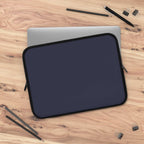 Deep blue neoprene laptop sleeve with black trim, soft foam lining, dual zipper, waterproof and lightweight protective case