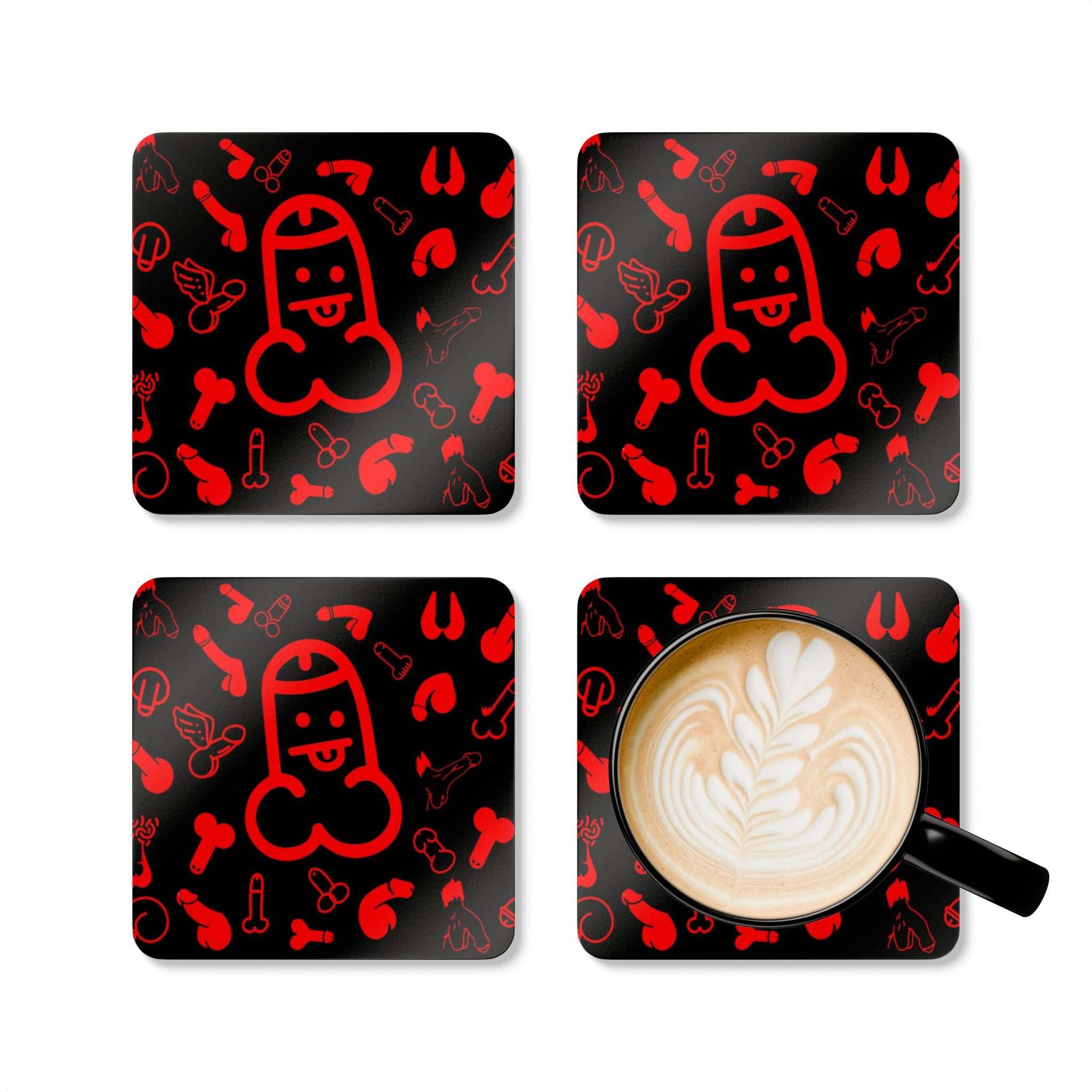 Red Willies Coaster Set with playful designs and high-gloss MDF top, perfect for adding fun to any gathering.