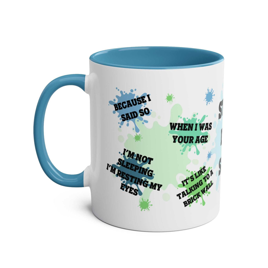 Fathers Day Gift Mug with fun dad quotes, blue interior, and handle.
