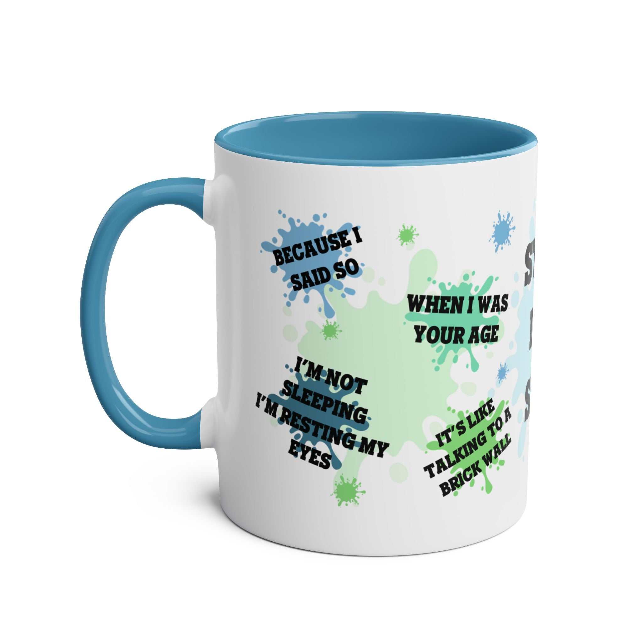 Fathers Day Gift Mug with fun dad quotes, blue interior, and handle.
