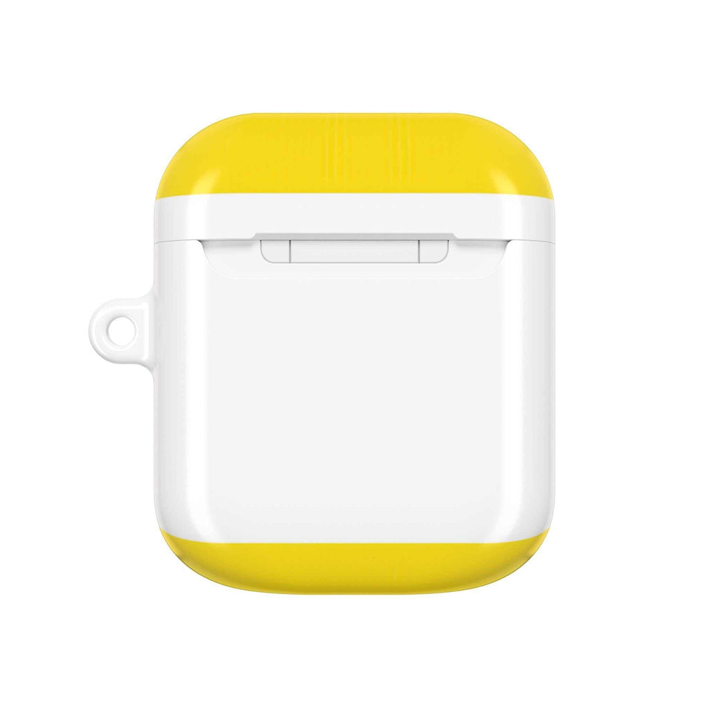 Yellow and white protective hard case for AirPods with shock-resistant design and wireless charging support