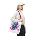Squirter Squid Tote Bag with cheeky design, durable spun polyester, three sizes, and multiple handle colors