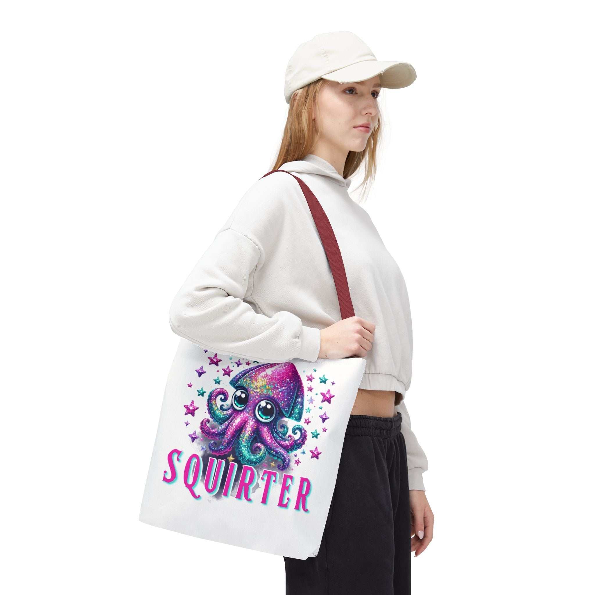 Squirter Squid Tote Bag with cheeky design, durable spun polyester, three sizes, and multiple handle colors