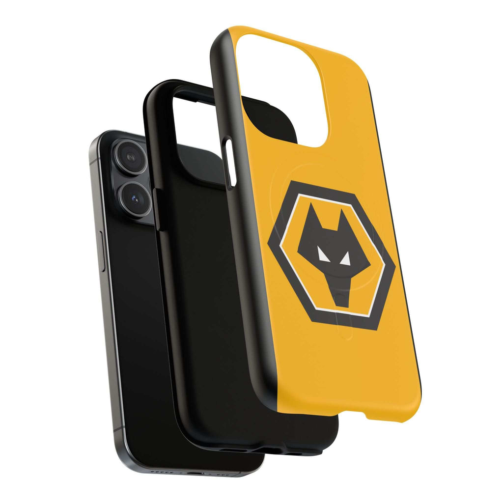 Wolves FC MagSafe iPhone case with gold and black colors and wolf crest, dual-layer protection and wireless charging compatible