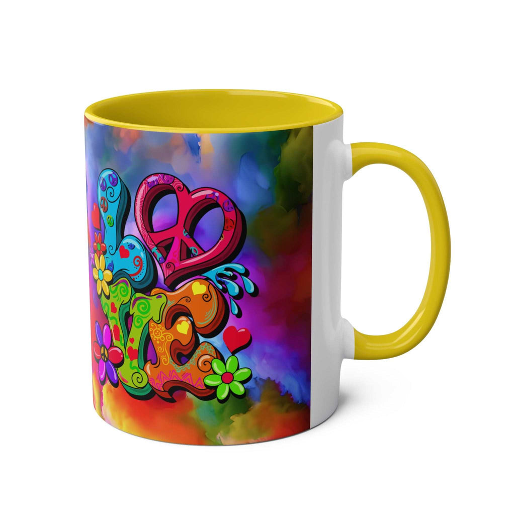 LGBTQ+ Pride Mug with rainbow design and yellow interior, ceramic, 11oz.