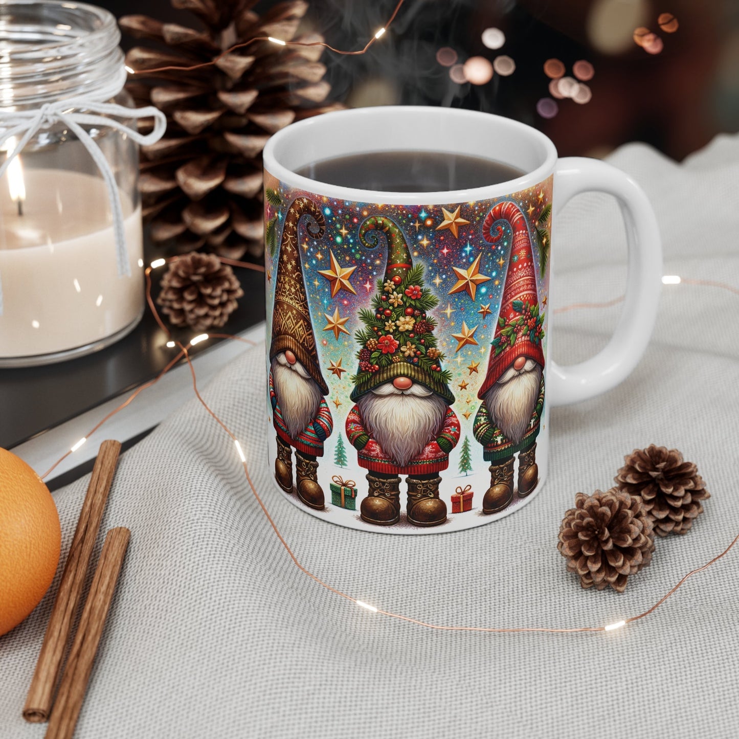 Adorable Christmas gnome mug with colorful design, perfect for festive hot chocolate.