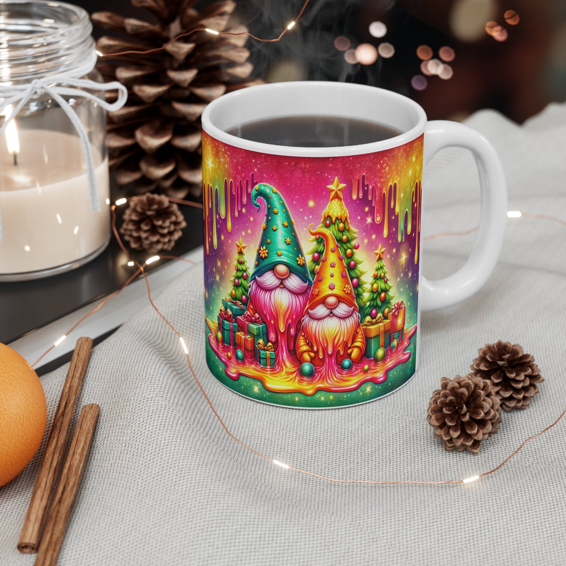 Christmas Gnome Mug with festive design, 11oz ceramic, glossy finish, microwave and dishwasher safe.