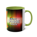 LGBTQ+ Pride mug with vibrant rainbow design and "Happy Pride Month" text.