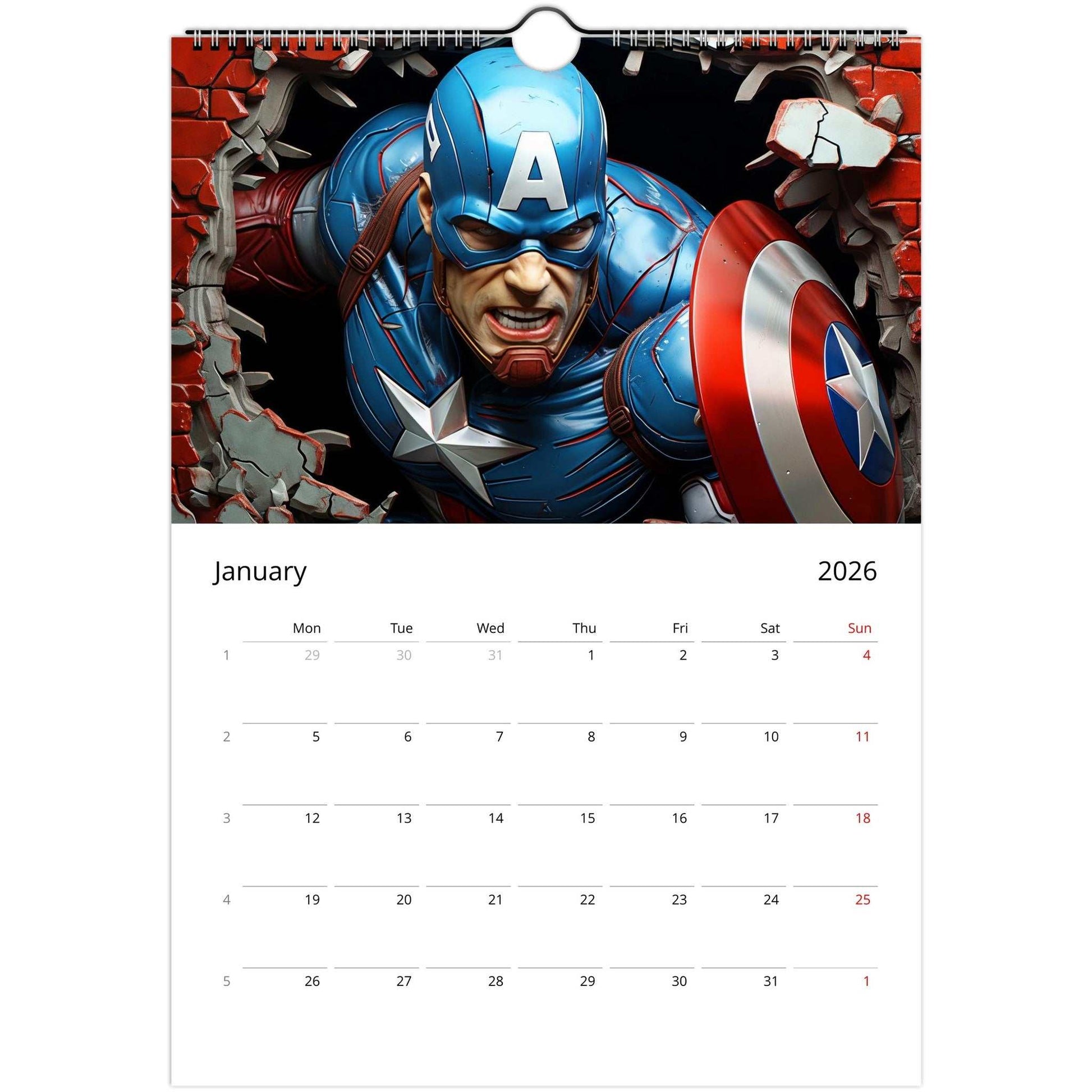 Superhero Calendar 2026 January page featuring Captain America comic design with sleek spiral binding and clear date squares.