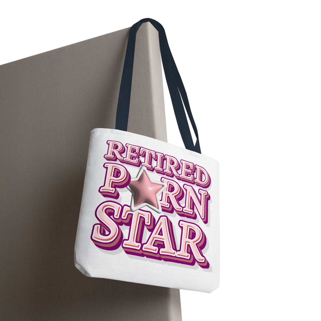 Cheeky Retired Porn Star Tote Bag in various sizes with colorful handles and durable spun polyester fabric
