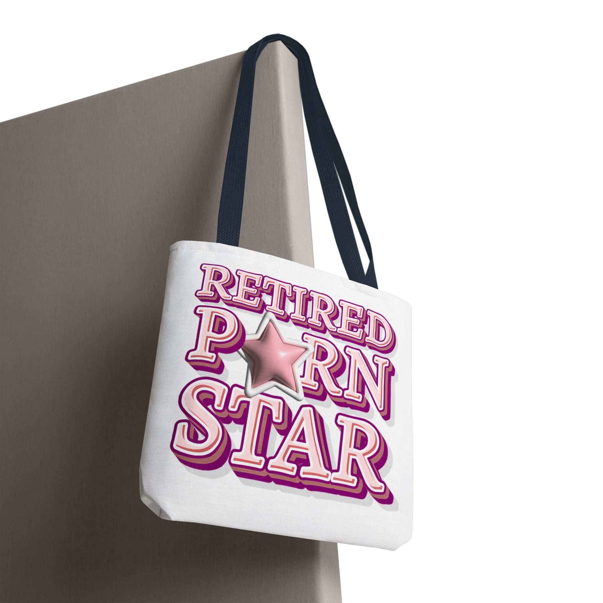 Cheeky Retired Porn Star Tote Bag in various sizes with colorful handles and durable spun polyester fabric