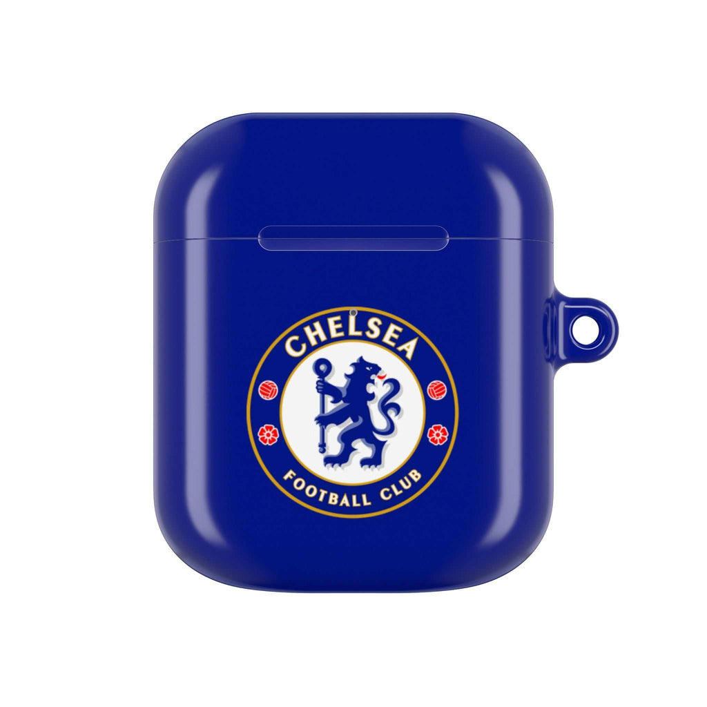 Chelsea FC AirPods protective case in royal blue with club crest, shock-resistant and wireless charging compatible