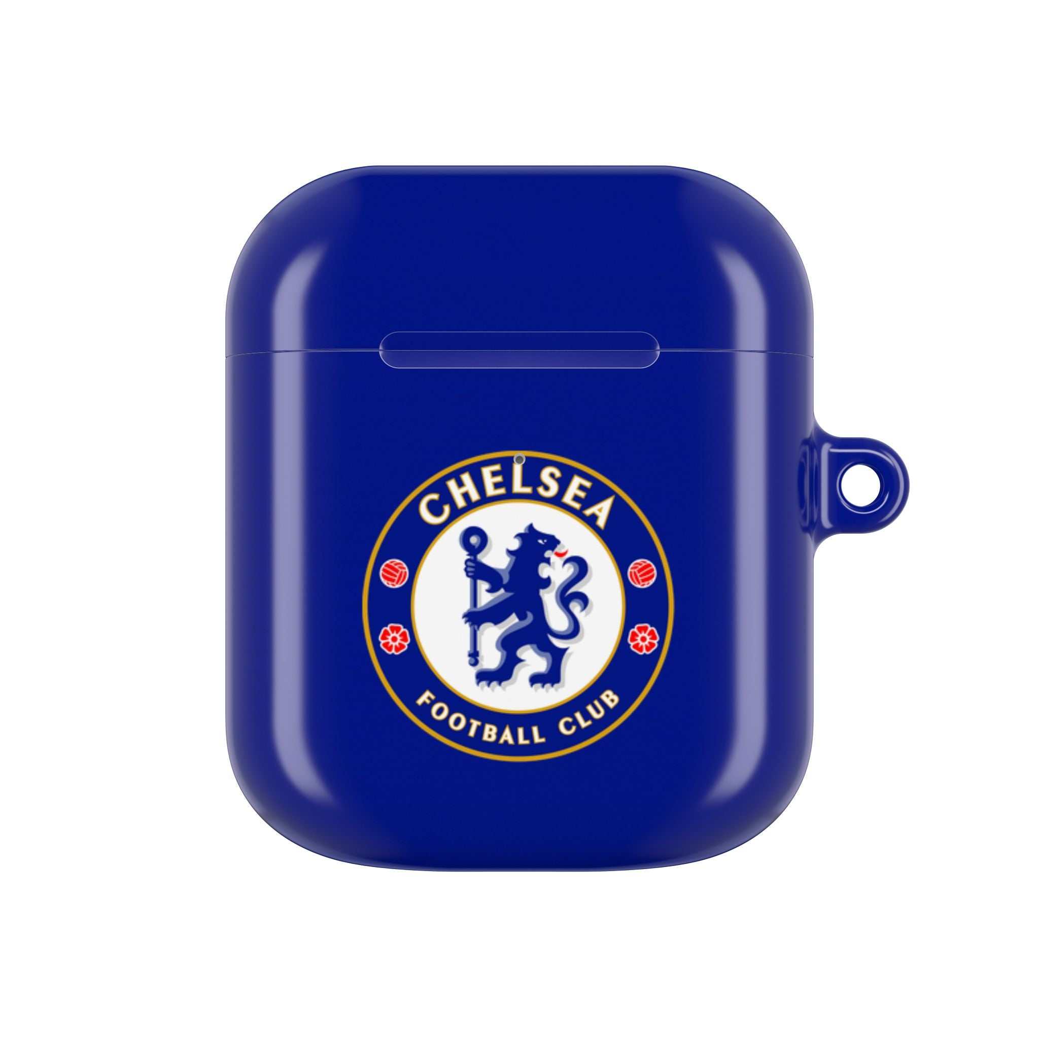 Chelsea FC AirPods protective case in royal blue with club crest, shock-resistant and wireless charging compatible