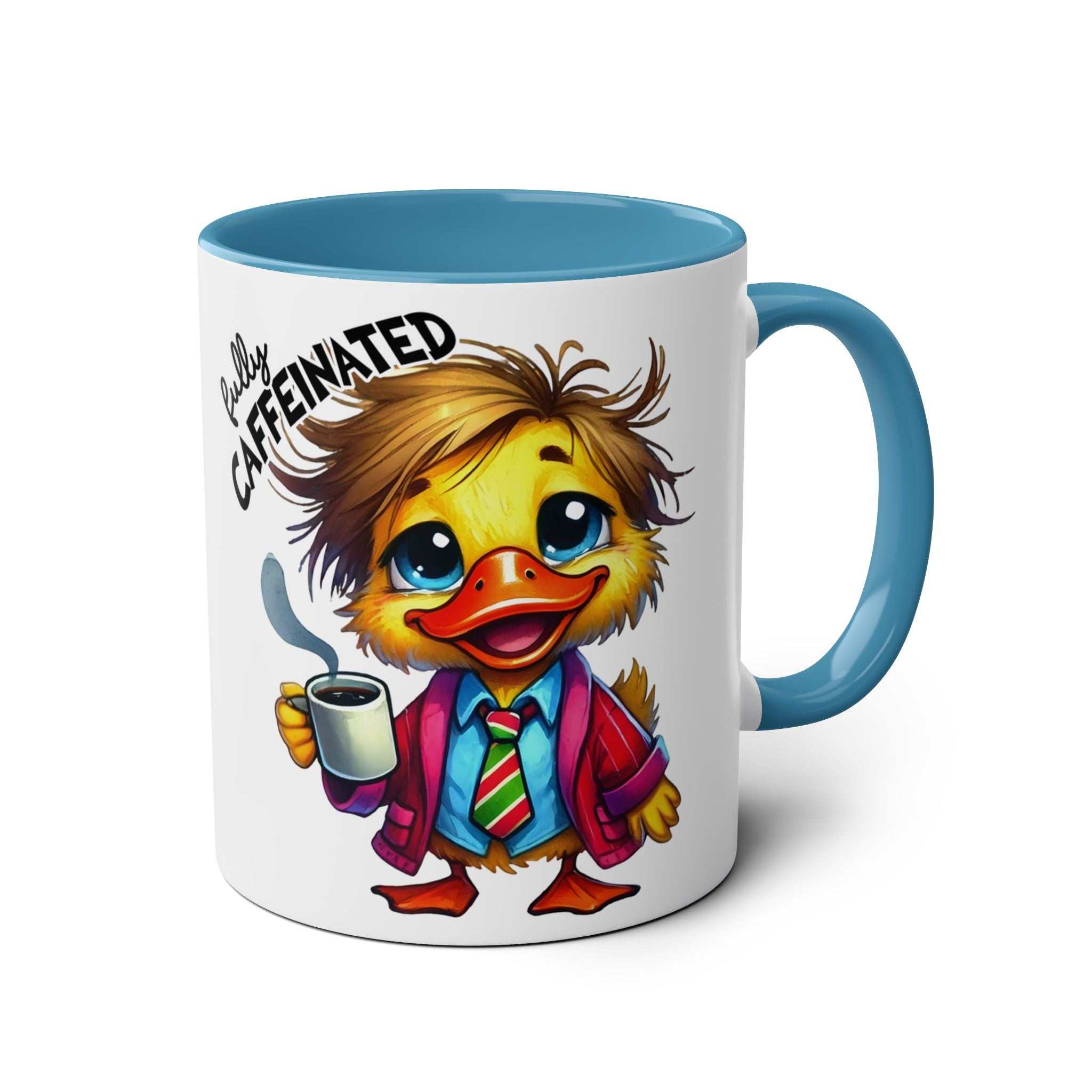 Fun sarcastic coffee mug featuring a cute duck in a suit, holding a cup of coffee with "fully caffeinated" text.