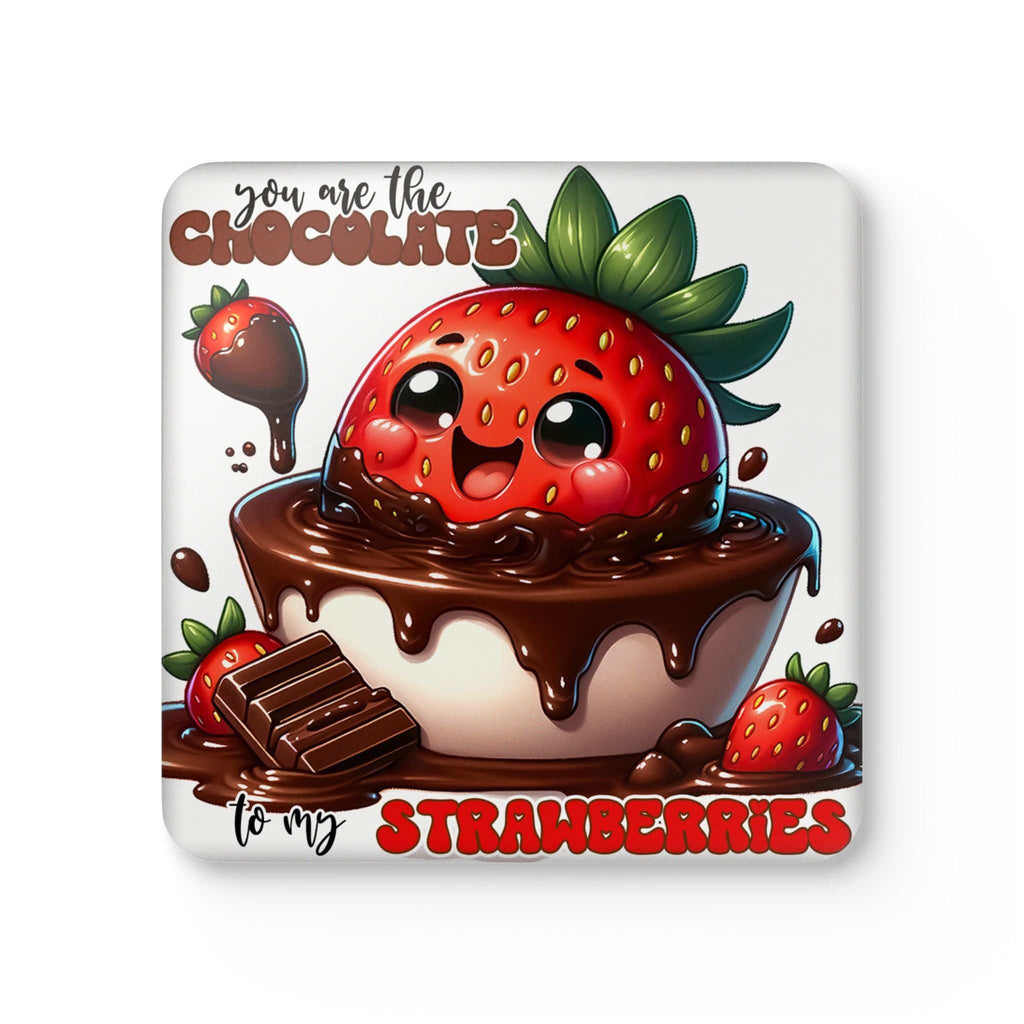 Chocolate & Strawberries Coaster Set with playful strawberry and chocolate design, perfect for table protection.