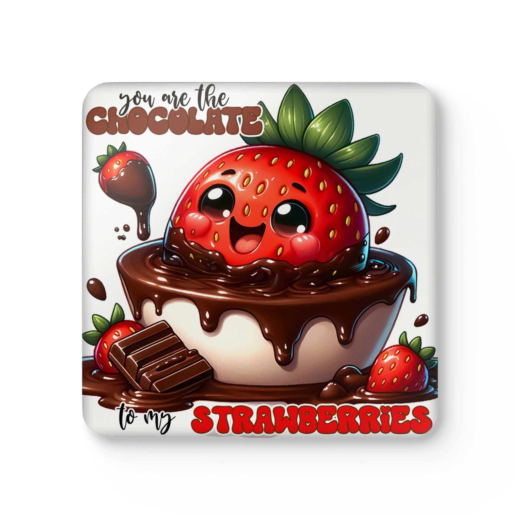 Chocolate & Strawberries Coaster Set with playful strawberry and chocolate design, perfect for table protection.
