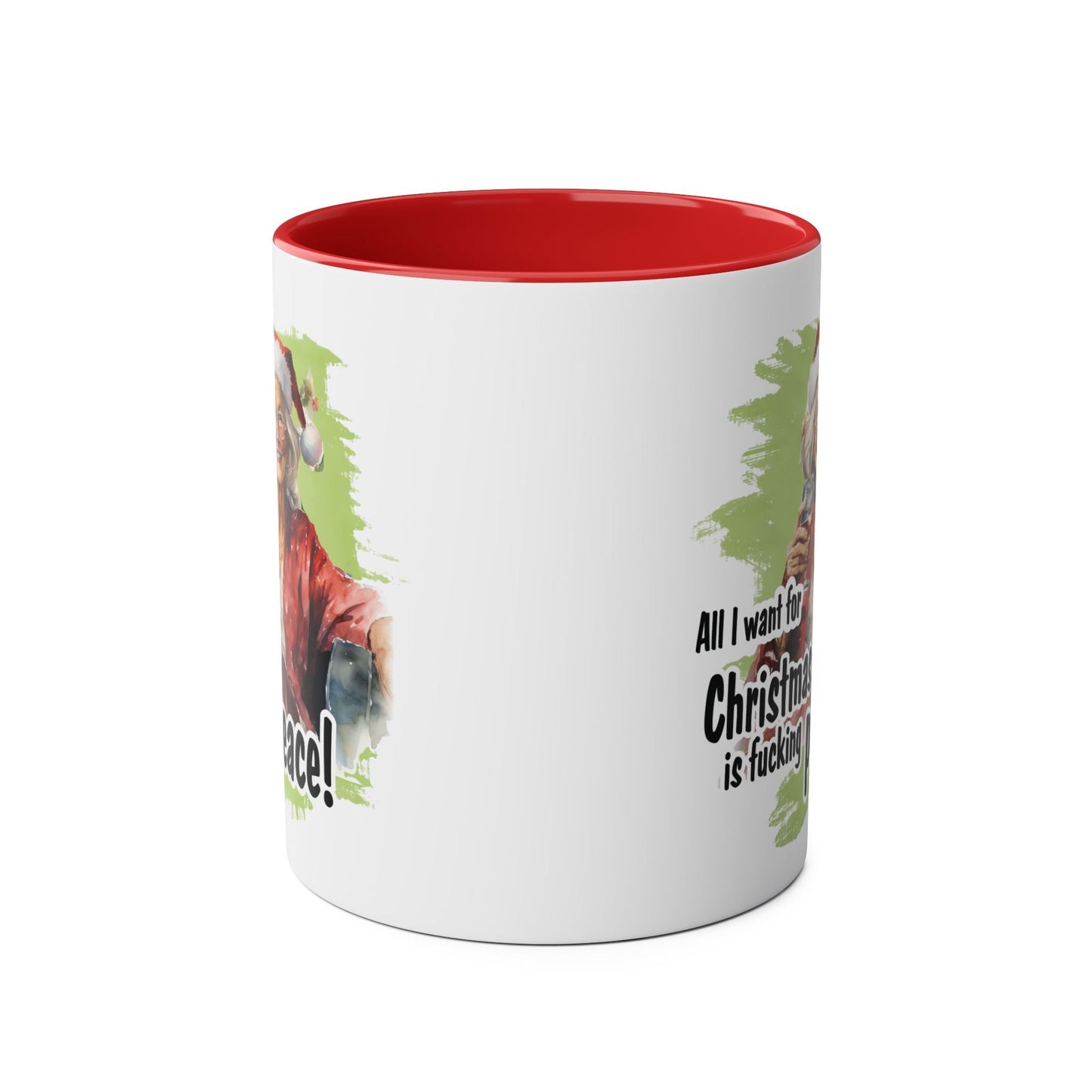 Sweary Granny Christmas Mug with festive design, red interior, 11oz ceramic, microwave and dishwasher safe.