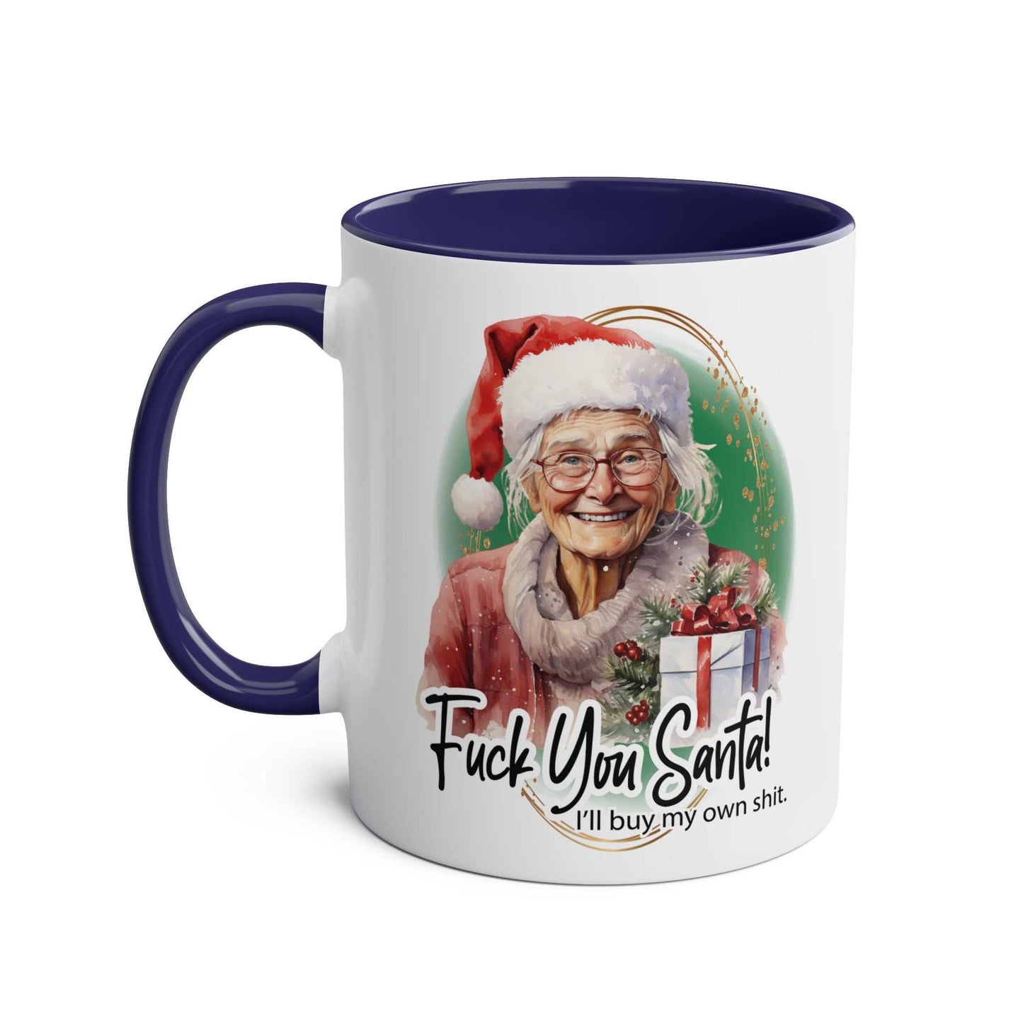 Cheeky Sweary Granny Christmas Mug with Santa design, festive gift, ceramic, 11oz, glossy finish.