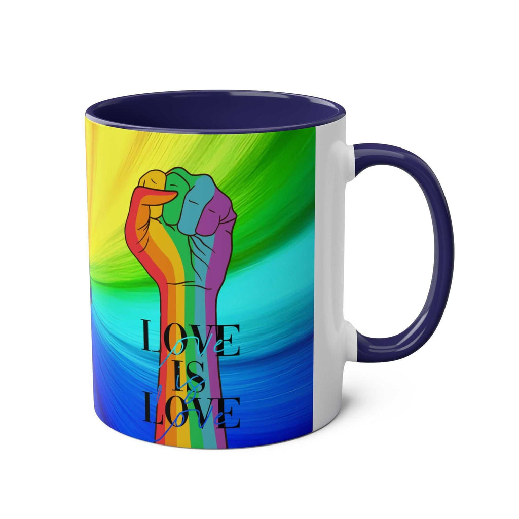 LGBTQ+ Pride mug with rainbow design and "Love is Love" message, high-quality ceramic, 11oz, glossy finish.