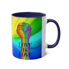 LGBTQ+ Pride mug with rainbow design and "Love is Love" message, high-quality ceramic, 11oz, glossy finish.