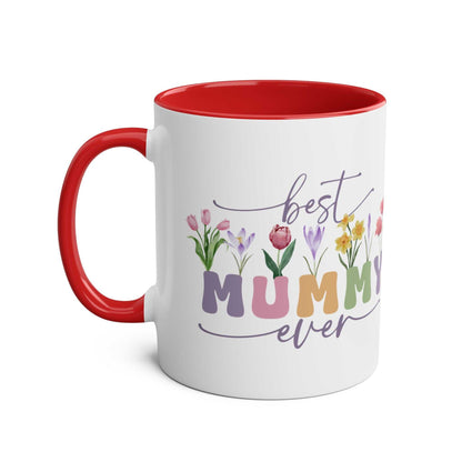 Mothers Day gift mug with "Best Mummy Ever" and floral design, red interior.