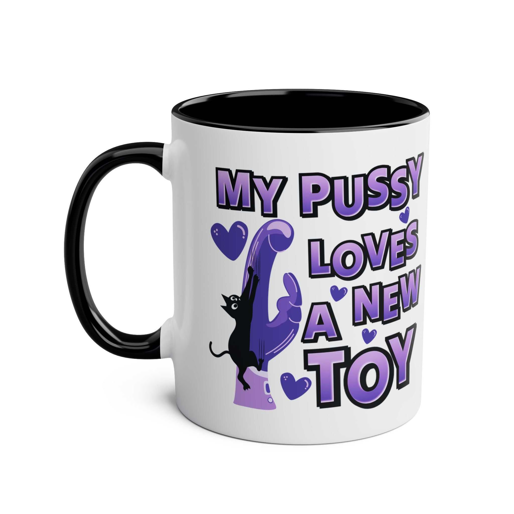 Cheeky Fun Coffee Mug with humorous text and black cat design, black handle and interior, glossy ceramic, 11oz capacity