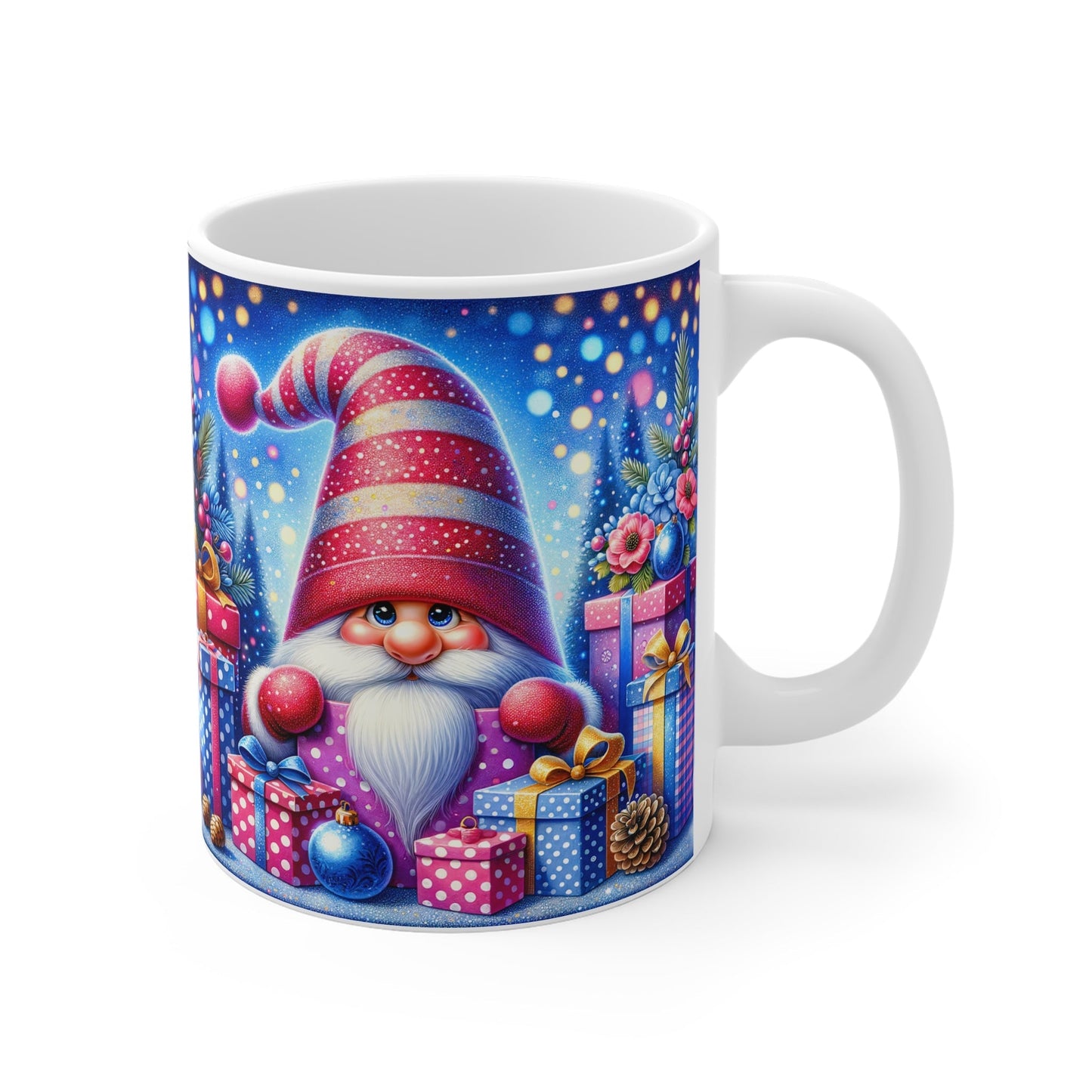 Christmas gnome mug with colorful design, perfect for festive drinks.