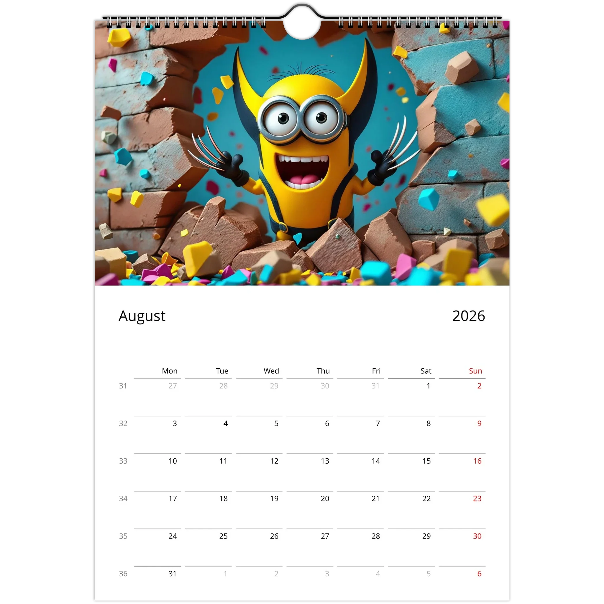 2026 Minions Superhero Wall calendar August page featuring a Minion superhero bursting through a colorful wall with vibrant glossy design and spiral binding