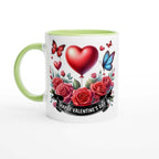 Valentines Day mug with heart, roses, butterflies; ceramic, glossy finish, colored rim.