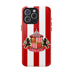 Sunderland FC MagSafe iPhone case with red and white stripes and club crest, dual-layer protection, and MagSafe compatibility