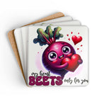 My Heart Beets Coaster Set with beet design and playful text, cork-backed, non-slip.