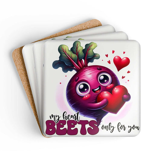 My Heart Beets Coaster Set with beet design and playful text, cork-backed, non-slip.