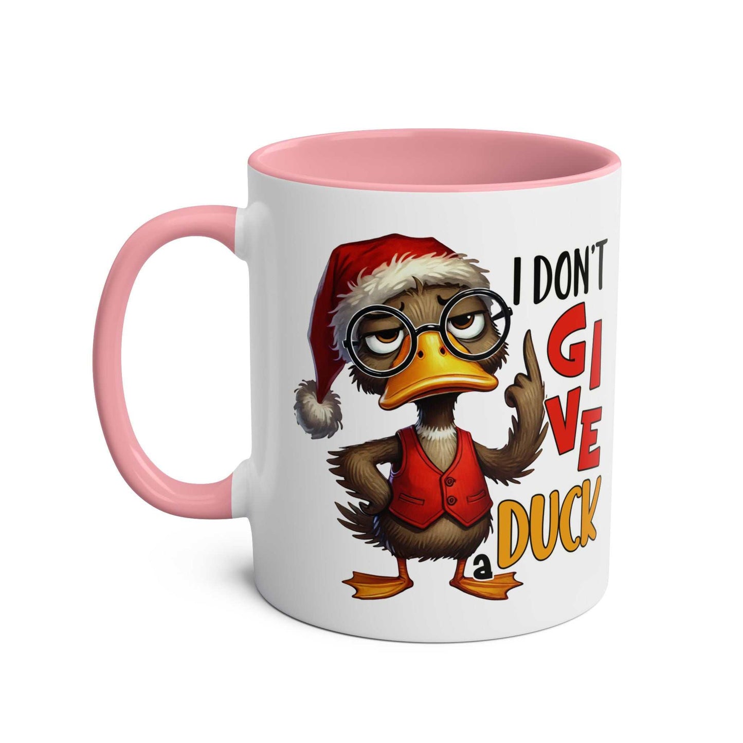 Sarky Christmas Mug with sassy duck design, 11oz ceramic, glossy finish, available in 7 colors, microwave and dishwasher safe.