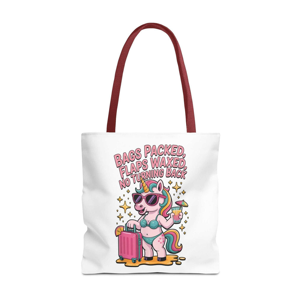 Colorful fun unicorn travel tote bag with durable spun polyester and multiple handle color options