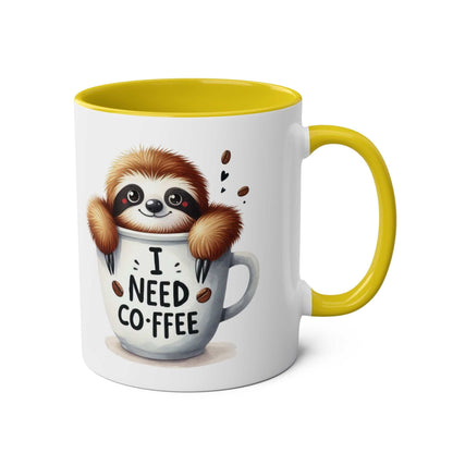 Cute sloth coffee mug with whimsical design on a glossy ceramic finish, featuring the text "I need coffee".