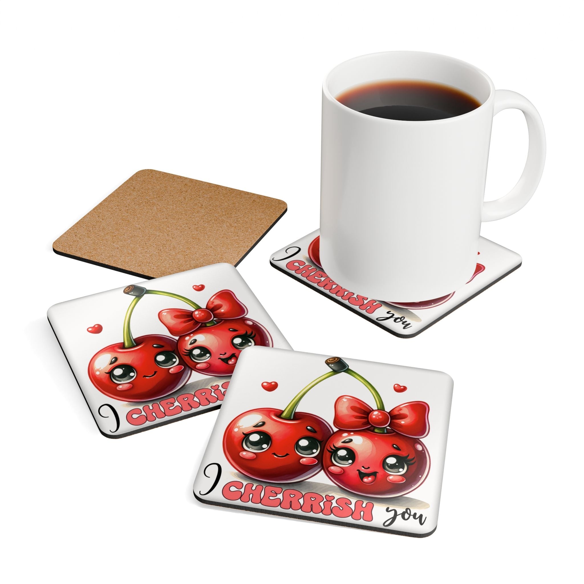 I Cherrish You Coaster Set with playful cherry design, high-gloss MDF top, and cork backing, perfect for protecting surfaces.