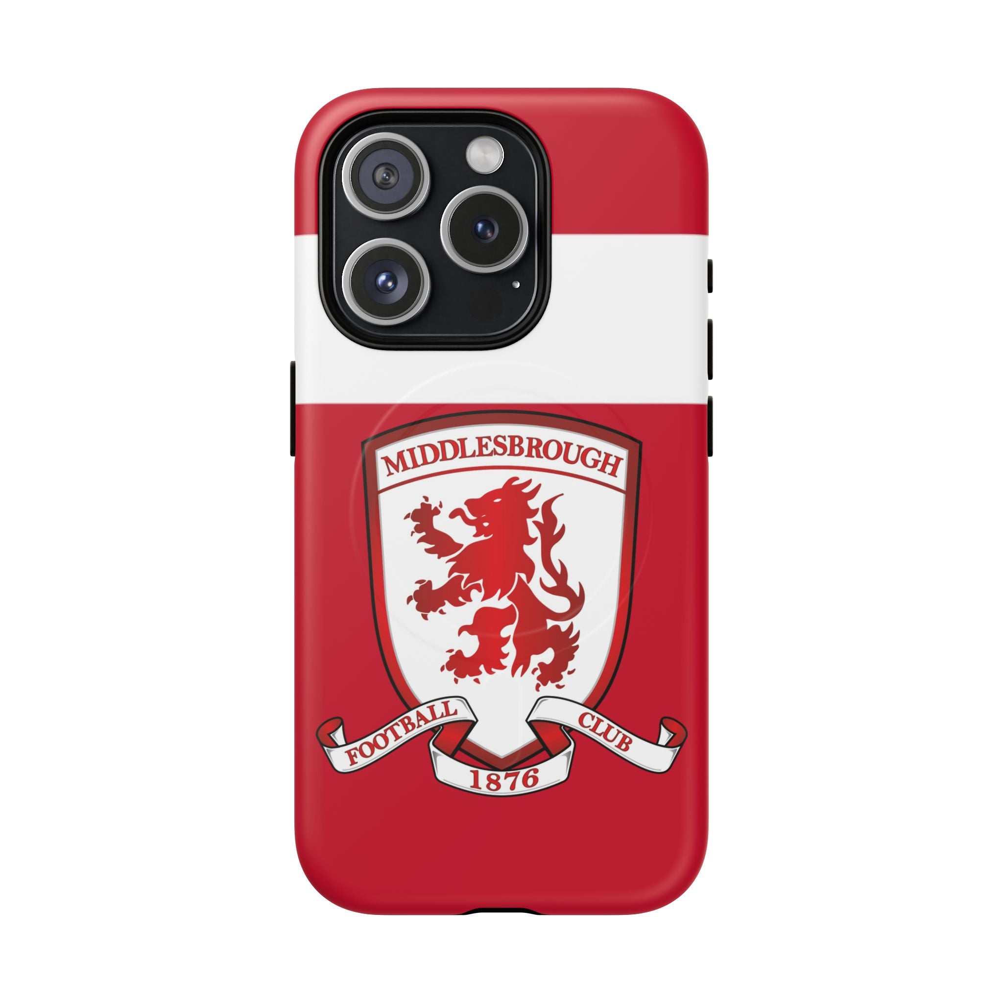 Middlesbrough MagSafe iPhone case with red club colors and lion crest, dual-layer protection, and wireless charging compatibility
