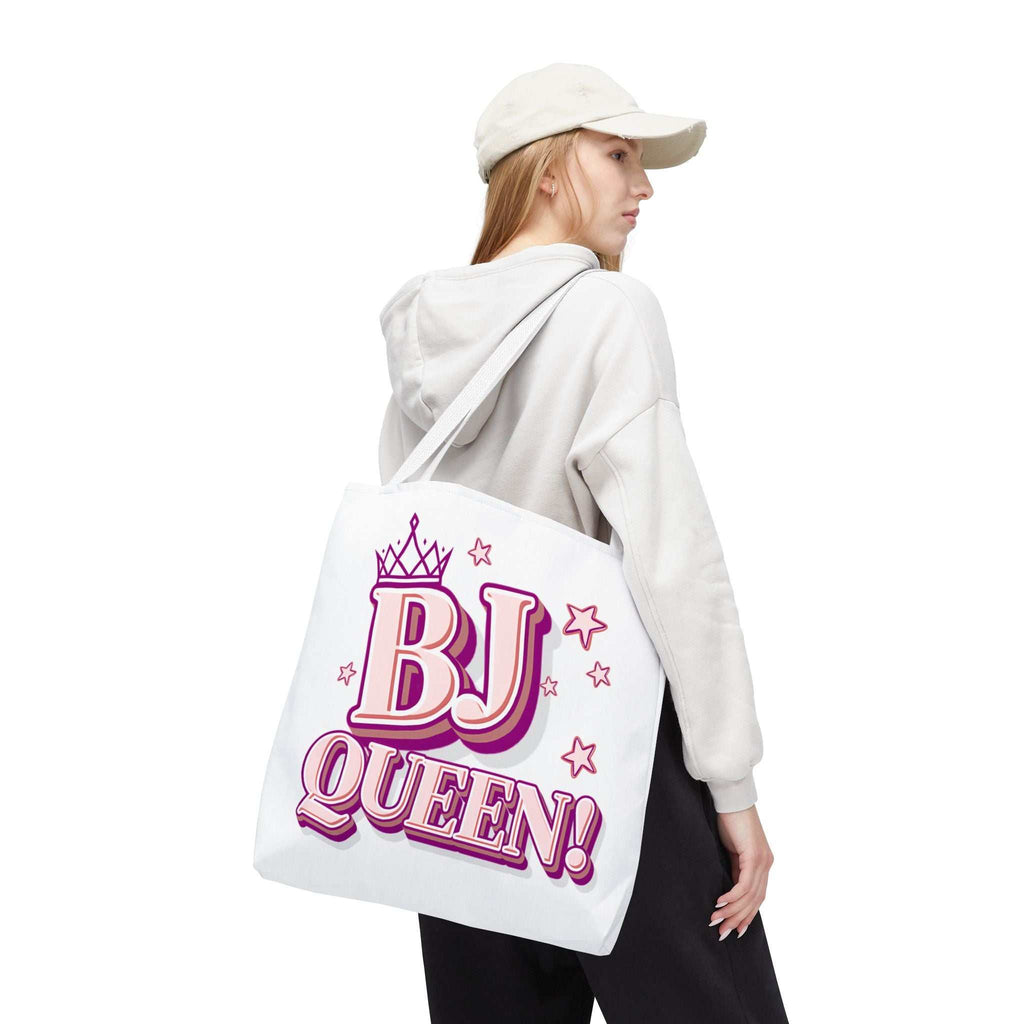 BJ Queen Tote Bag with cheeky design, durable spun polyester, multiple sizes and handle colors