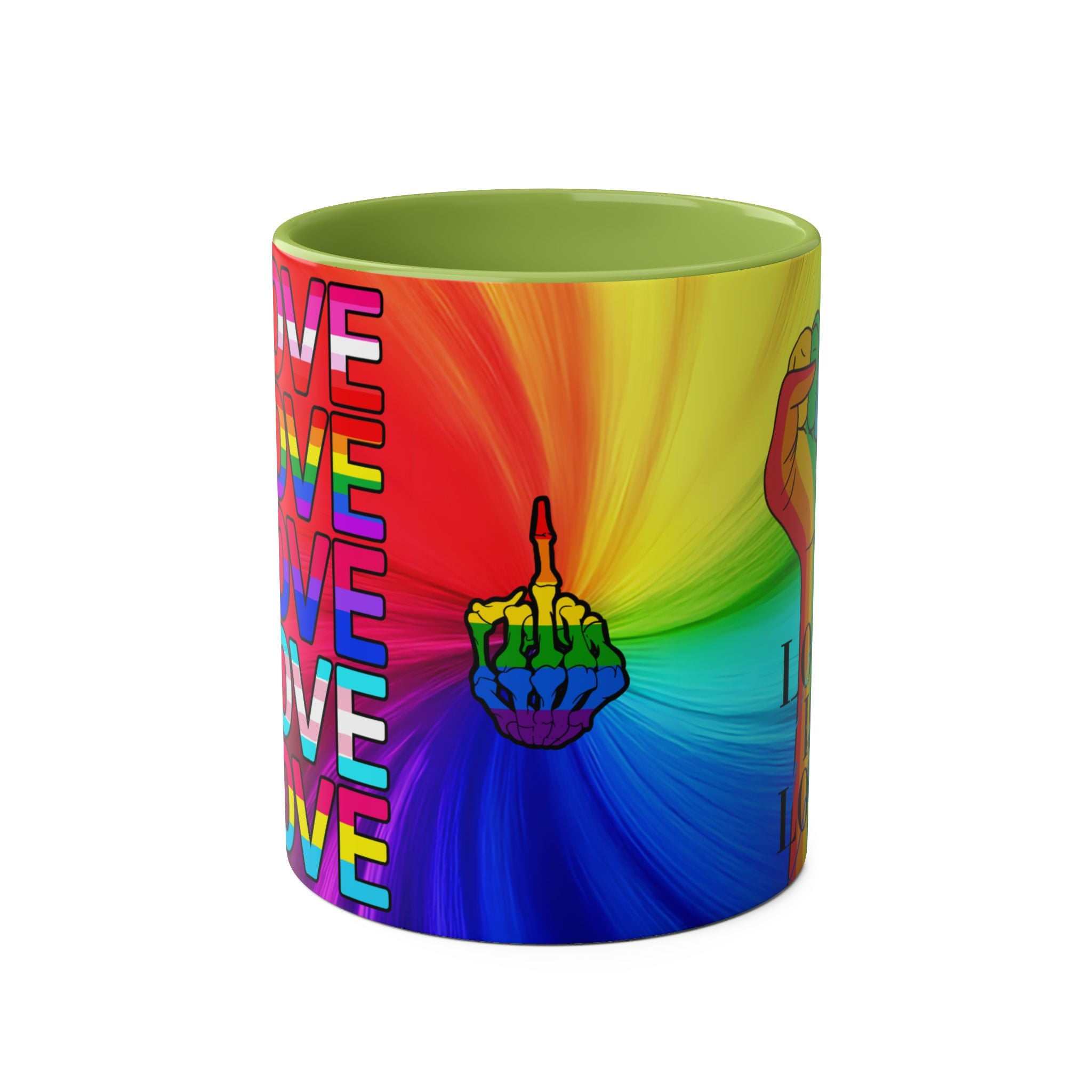 LGBTQ+ Pride mug with vibrant rainbow design and glossy finish.