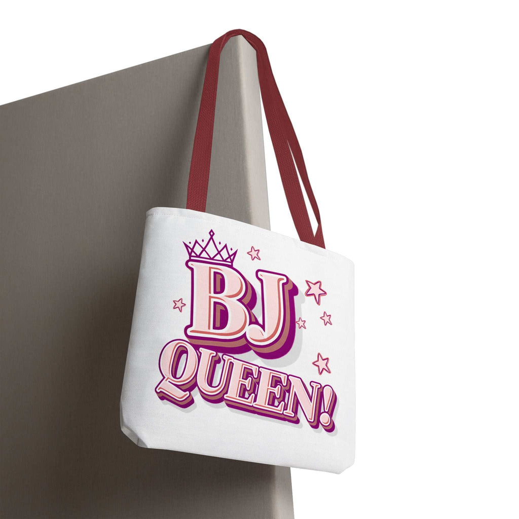 BJ Queen Tote Bag with cheeky design, durable polyester, and multiple handle color options