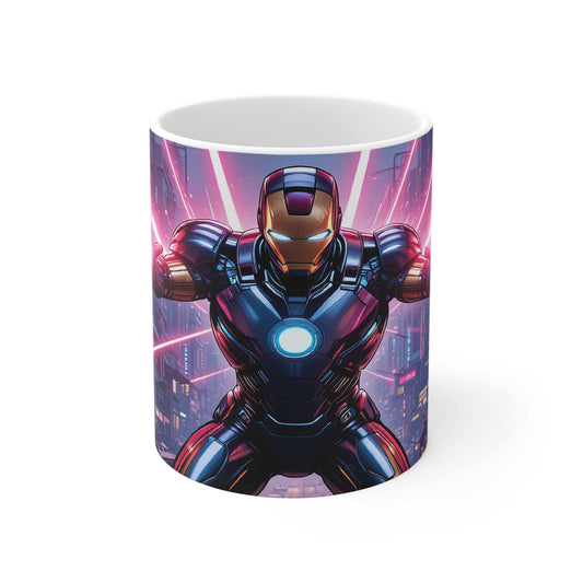 Iron Man Action Mug with superhero design on ceramic, 11oz, glossy finish.