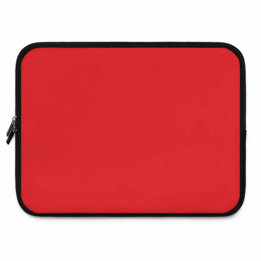 Red neoprene laptop sleeve with dual zipper, soft foam lining, lightweight and waterproof design.