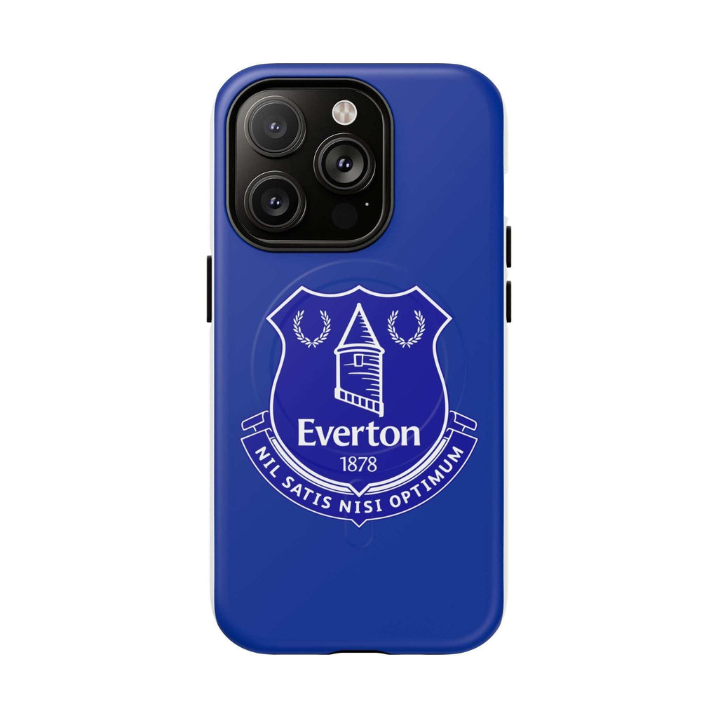 Everton FC MagSafe iPhone case with royal blue color and club crest, durable dual-layer protection, and MagSafe compatibility.