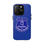 Everton FC MagSafe iPhone case with royal blue color and club crest, durable dual-layer protection, and MagSafe compatibility.