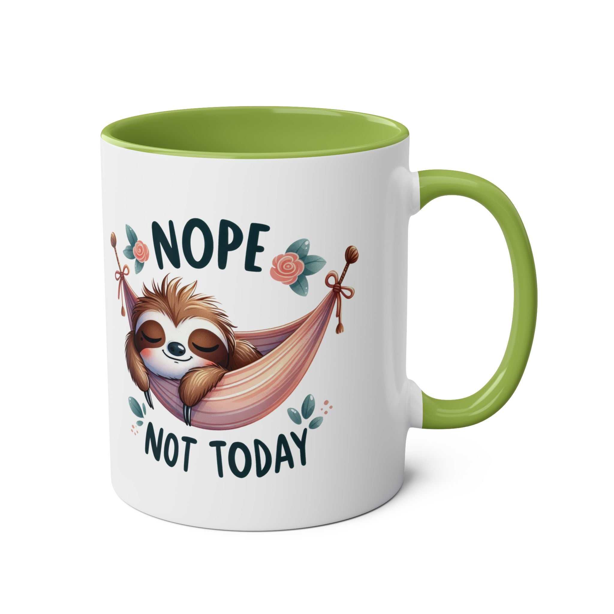 Cute sloth coffee mug with "Nope Not Today" design and a green interior.