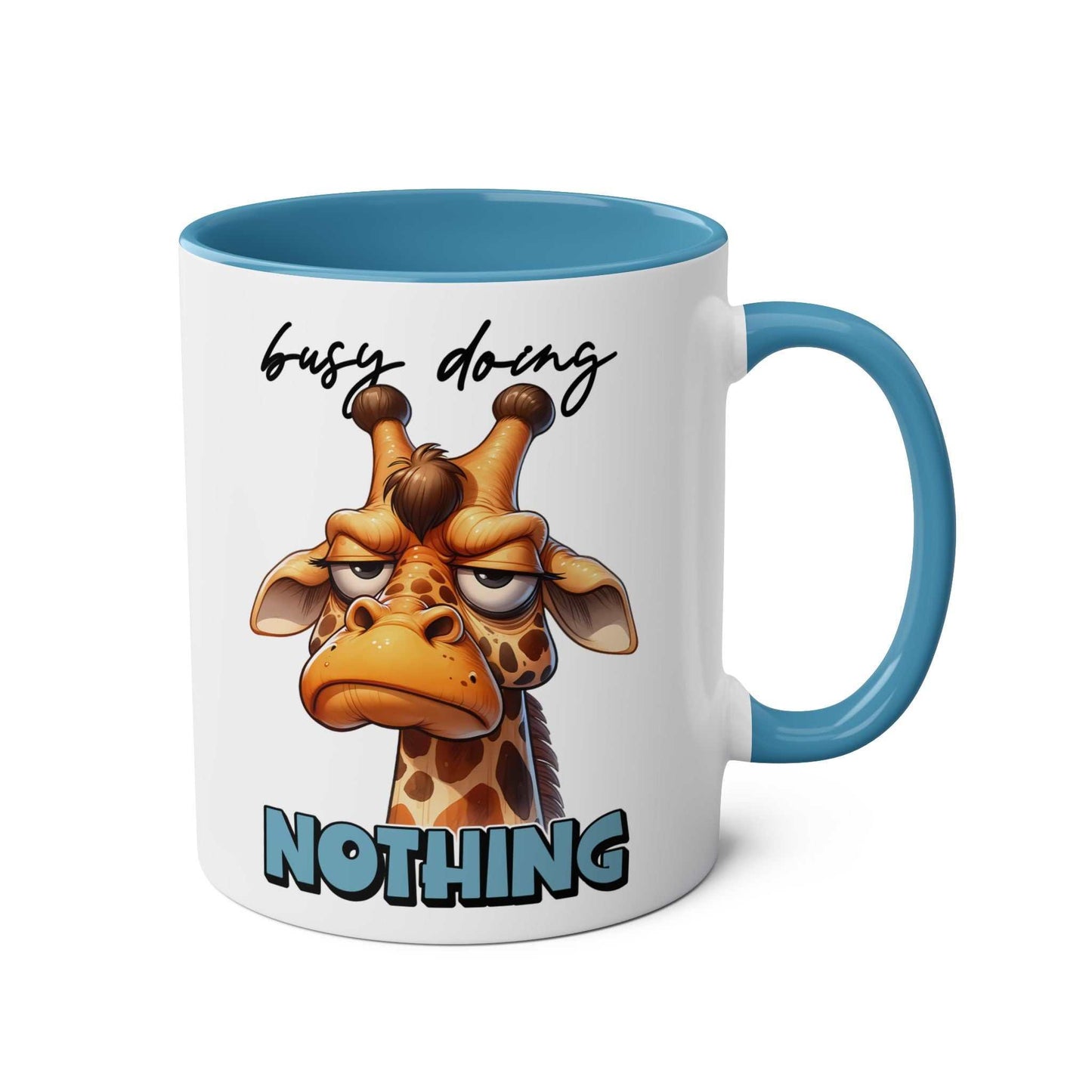 Giraffe design coffee mug with "busy doing nothing" text, blue interior, quirky gift.