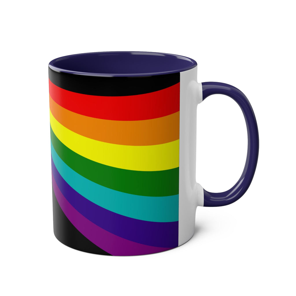 LGBTQ+ Pride Mug with vibrant rainbow design, 11oz ceramic, glossy finish.