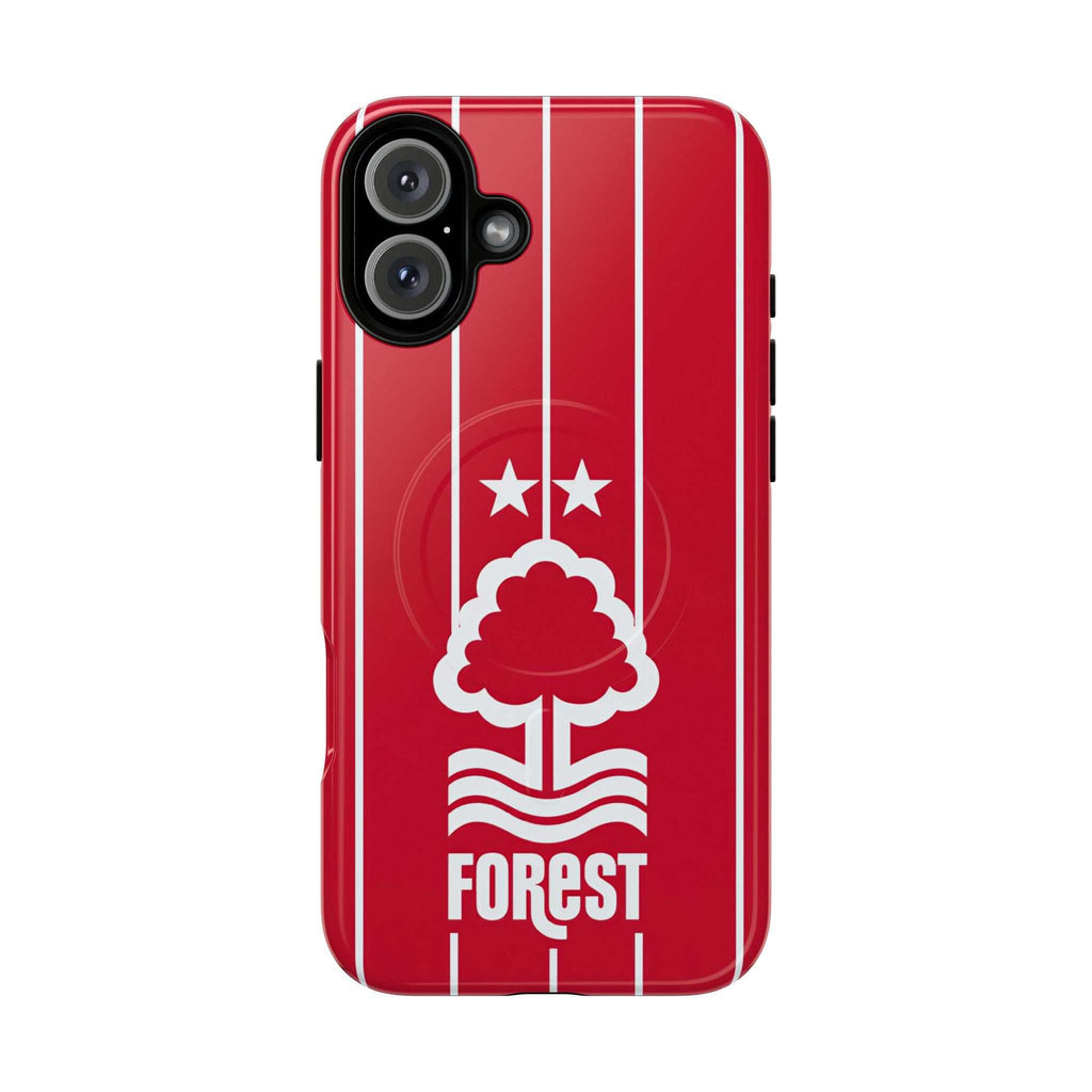 Nottingham Forest MagSafe iPhone case in red with white tree crest and stripes, dual-layer protection and wireless charging compatible.