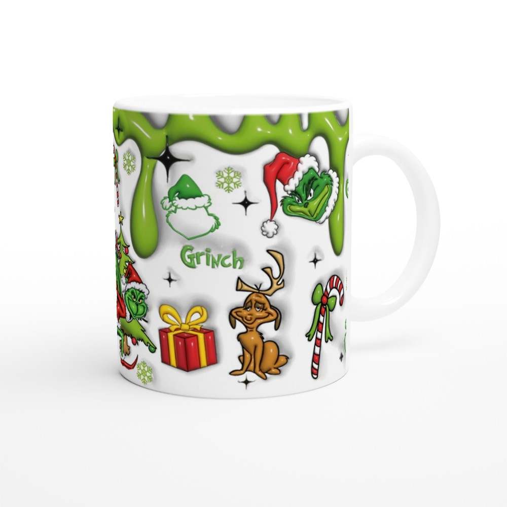 Fun Grinch Christmas Mug with festive prints, 11oz ceramic, glossy finish.